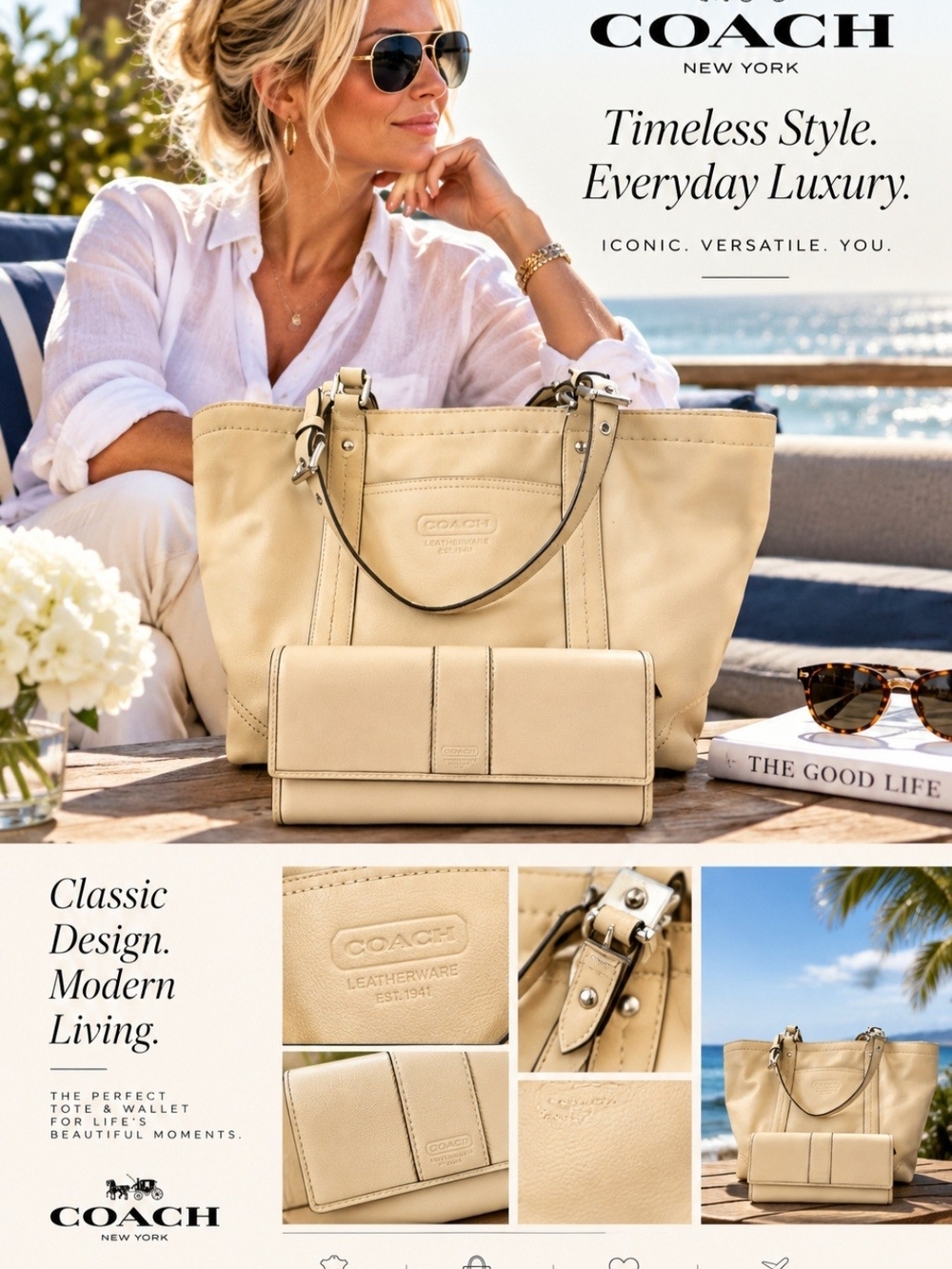 Coach Cream Leather Tote with Matching Wallet